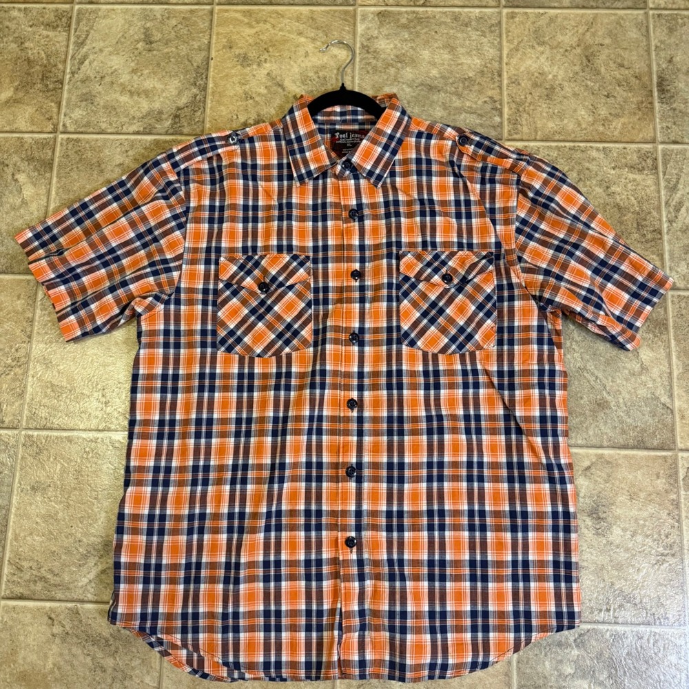 Tool Jeans Mens XL Short Sleeve Plaid Button Down Shirt Orange Navy Blue Cotton